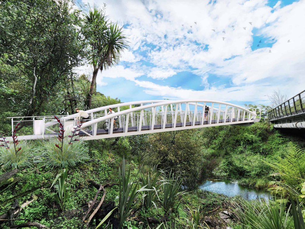 River Road Arched Footbridge with bicycles and pedestrians