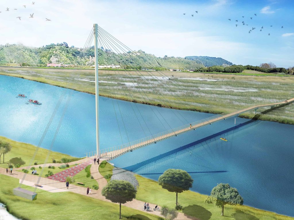 Whakatane River Bridge with kayaks on the water