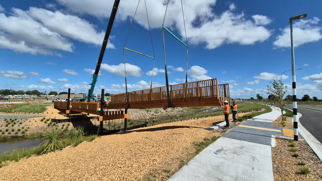 Bridleways Bridge 2 being craned into place