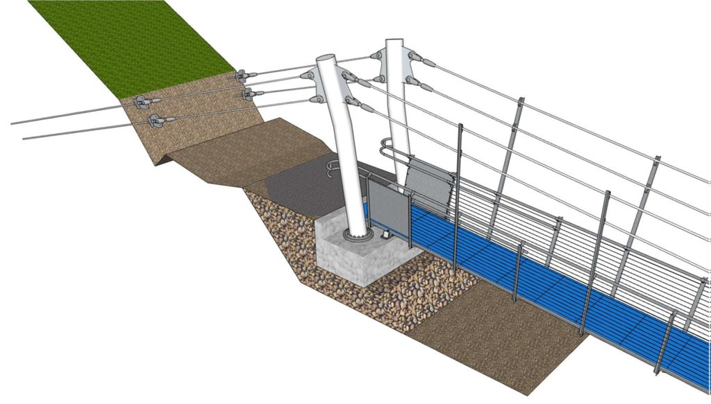 architectural 3D isometric of mast and backstay anchors for a hybrid bridge